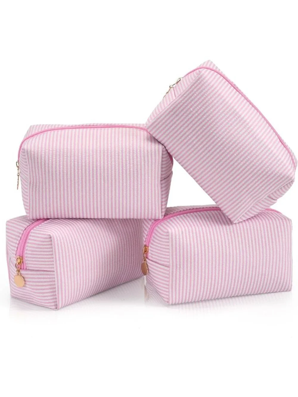 4PCS Travel Makeup Bag Set, Striped Seersucker Cosmetic Pouches, Cute Toiletry